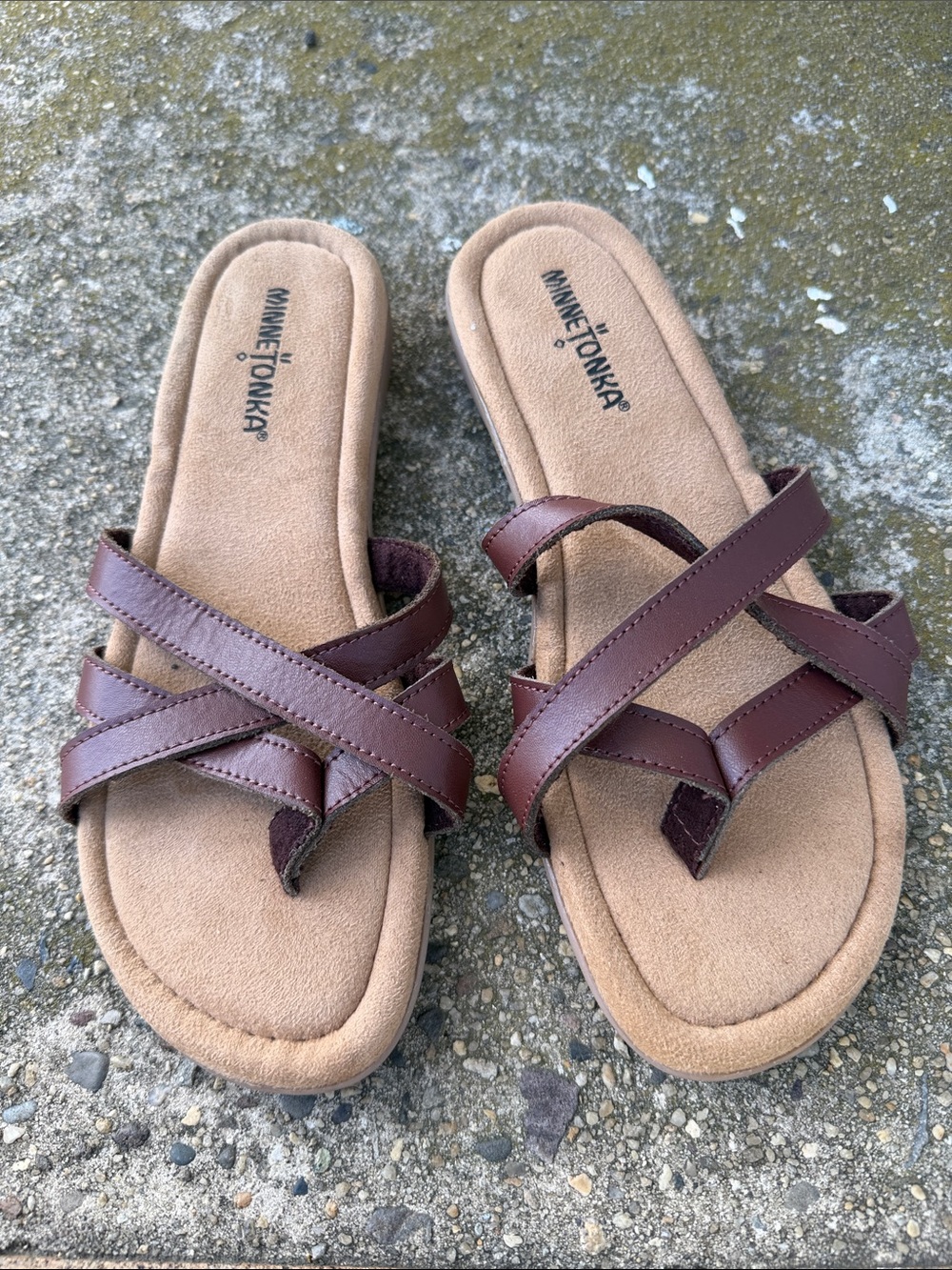 Minnetonka Brown Leather Crisscross Slide Sandals for Women